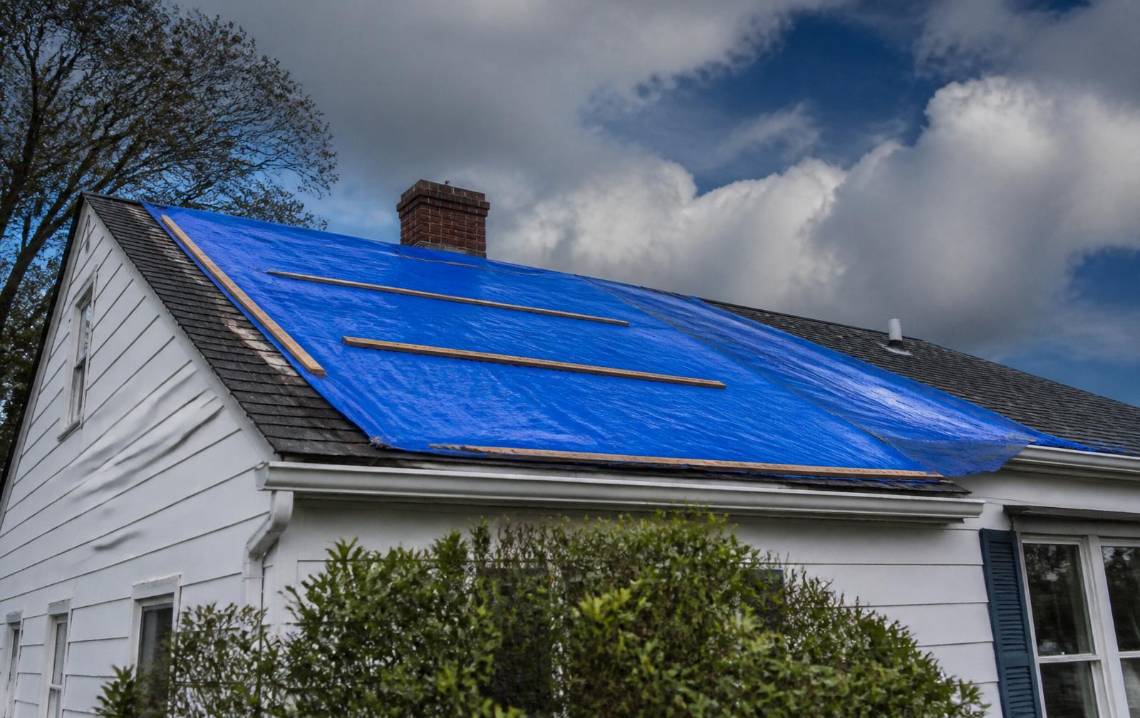 Blue emergency roof tarp secured over storm-damaged shingles on a Maryland home