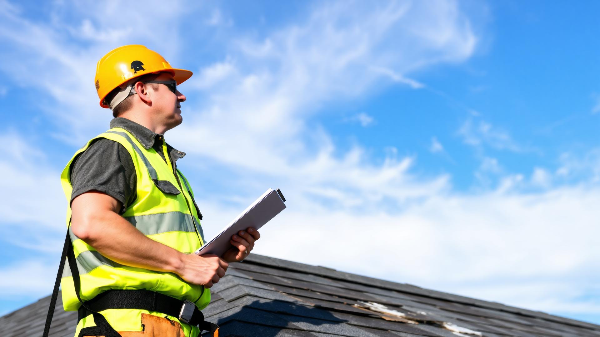 Maryland roofing contractor inspecting storm-damaged asphalt shingles on a residential roof