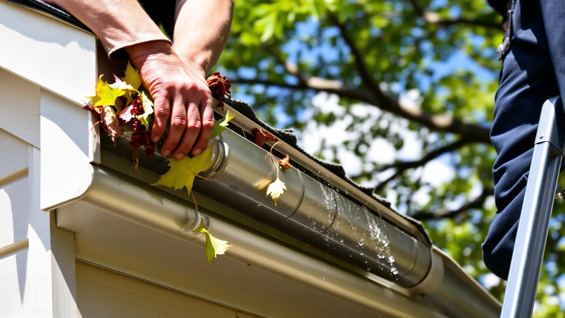 Roofer cleaning leaves from a residential gutter in Takoma Park, MD