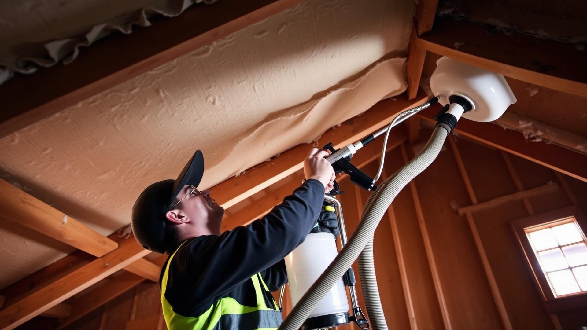 Contractor installing spray foam insulation in a residential attic in Takoma Park, MD