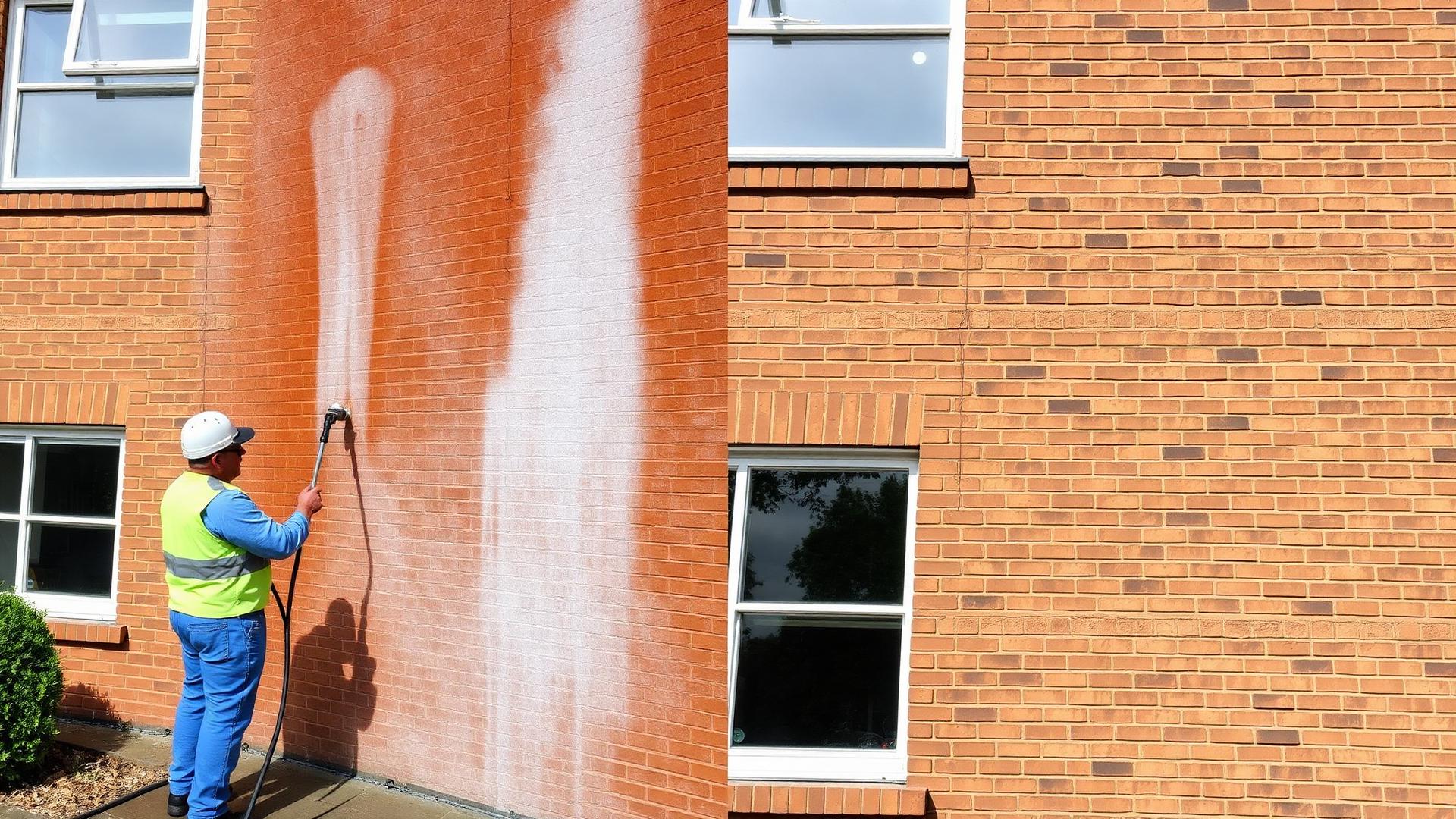 Worker pressure washing and restoring an exterior brick building facade