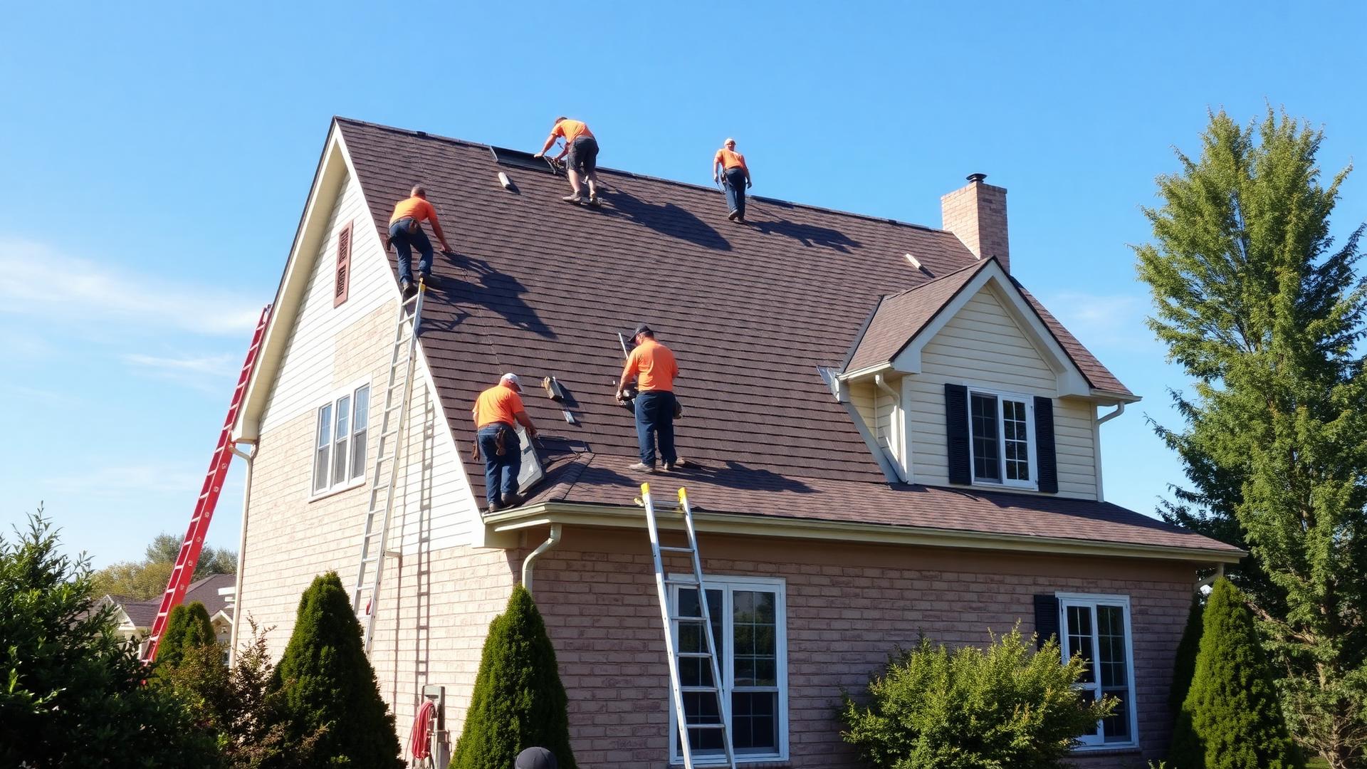 Crew installing a new shingle roof on a two-story home in Takoma Park, MD